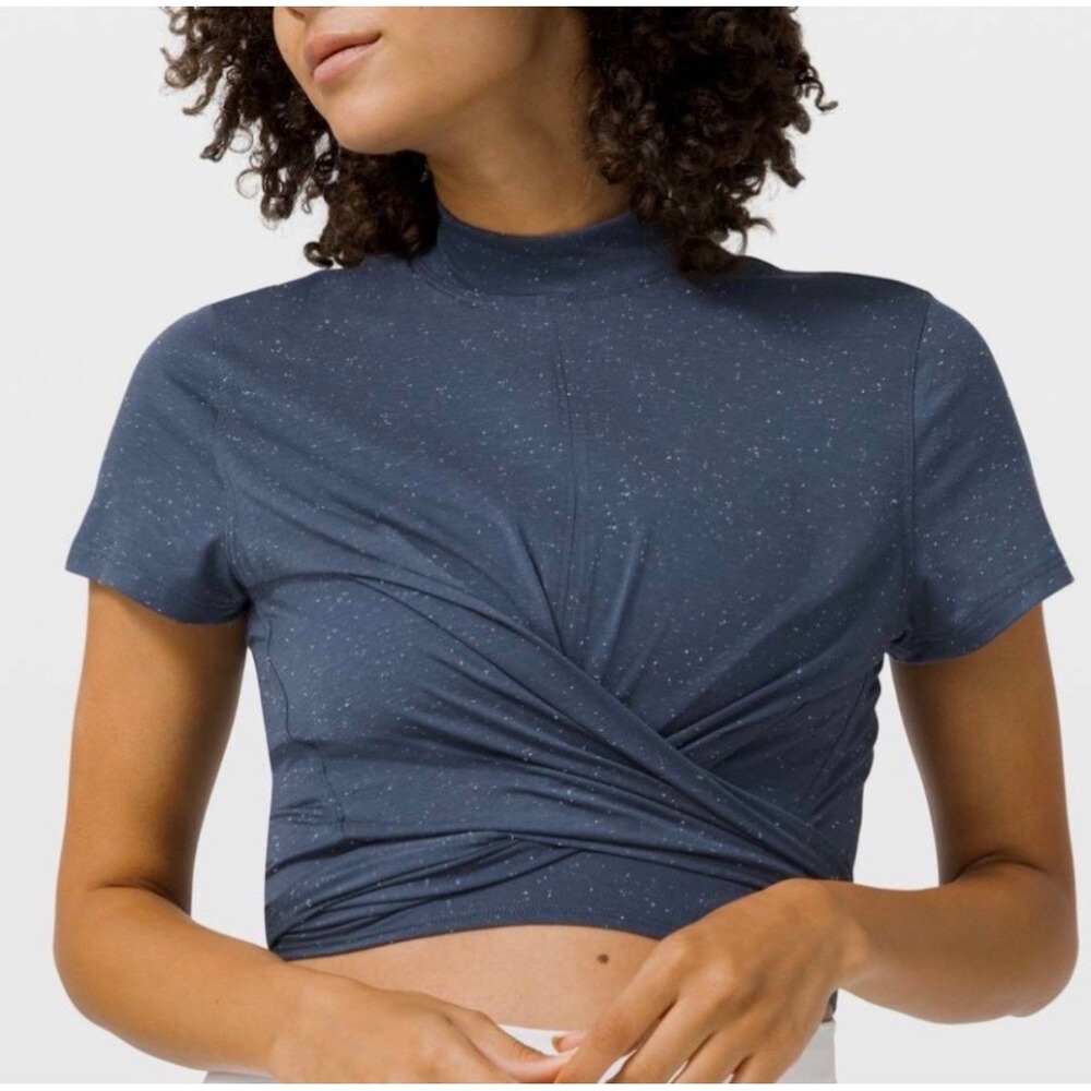 A19 Lululemon Time To Restore Mock Neck Tie Front Short Sleeve‎ Blue Speckled 4